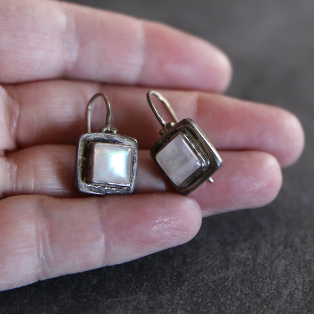 Handmade Sterling and Moonstone Square Minimalist Modern Earrings